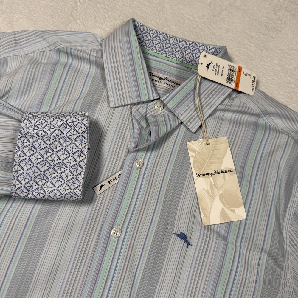 Tommy Bahama Shirt Mens Small Blue Stripe Stretch Long Sleeve Button Front